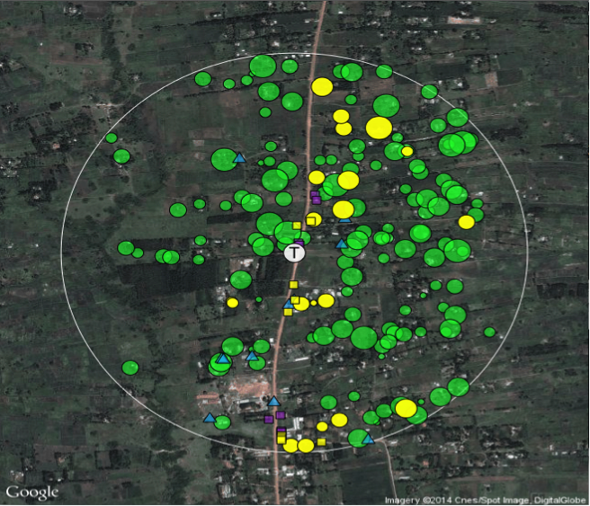 Many unelectrified households (in green) surround a transformer (T). White circle demarcates 600 meter radius.
